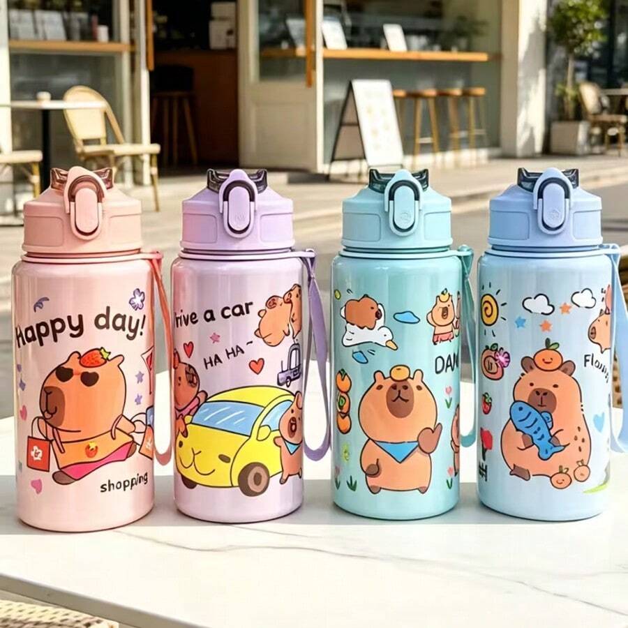 1pc 500ml Capybara Theme Plastic Straw Cup, Fresh & Convenient Portable Cup, Best Gift For Outdoor Camping, Summer Cup - Multicolor - View 1