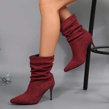 Sexy Pointed Toe Stiletto High Heel Ankle Boots For Women, Ruched Shaft, Suede Texture, Commute, Date, Fashion Ankle Boots - Red - View 3