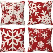 4PCS Christmas Decorative Pillow Cover, Red Snowflake And Christmas Tree Printed Cushion Cover, Farmhouse Style Suitable For Home Sofa And Living Room, Home Decor / Autumn Decoration / Room Decoration, Single-Sided Print, Pillow Insert Not Included - Red - View 8