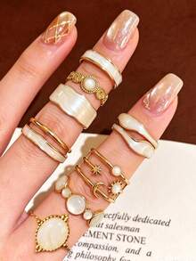 8pcs/Set Fashion Ins Style Vintage Moon Star Wave Geometric Stackable Rings Set, Suitable For Women's Daily Commute, Party And Vacation Wear - White - View 2