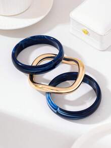 Juego de 3 piezas de pulseras de acrílico vintage exquisitas, diseño cilíndrico de moda adecuado para uso casual diario, accesorio de moda para mujeres, material de acrílico sin incrustaciones, adecuado para todo el año para uso diario, fiestas y ocasiones de vacaciones, regalo para mujeres. - Conjunto de pulseras minimalistas azules - Ver 2