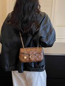 Tas Fashion Klasik Joker Warna Solid dengan Desain Rantai Jalinan Berlian dan Desain Kunci Putar untuk Membuka dan Menutup, Warna Burgundy. - Kopi - View 5