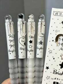 2/4pcs Star Dream Landscape Pens, Star-Shaped Bow Black Retractable Pens, Student Exam Quick-Dry Practice Pens, Black 0.5mm Neutral Ink Pens, Back To School Essential - Multiple Styles - View 7