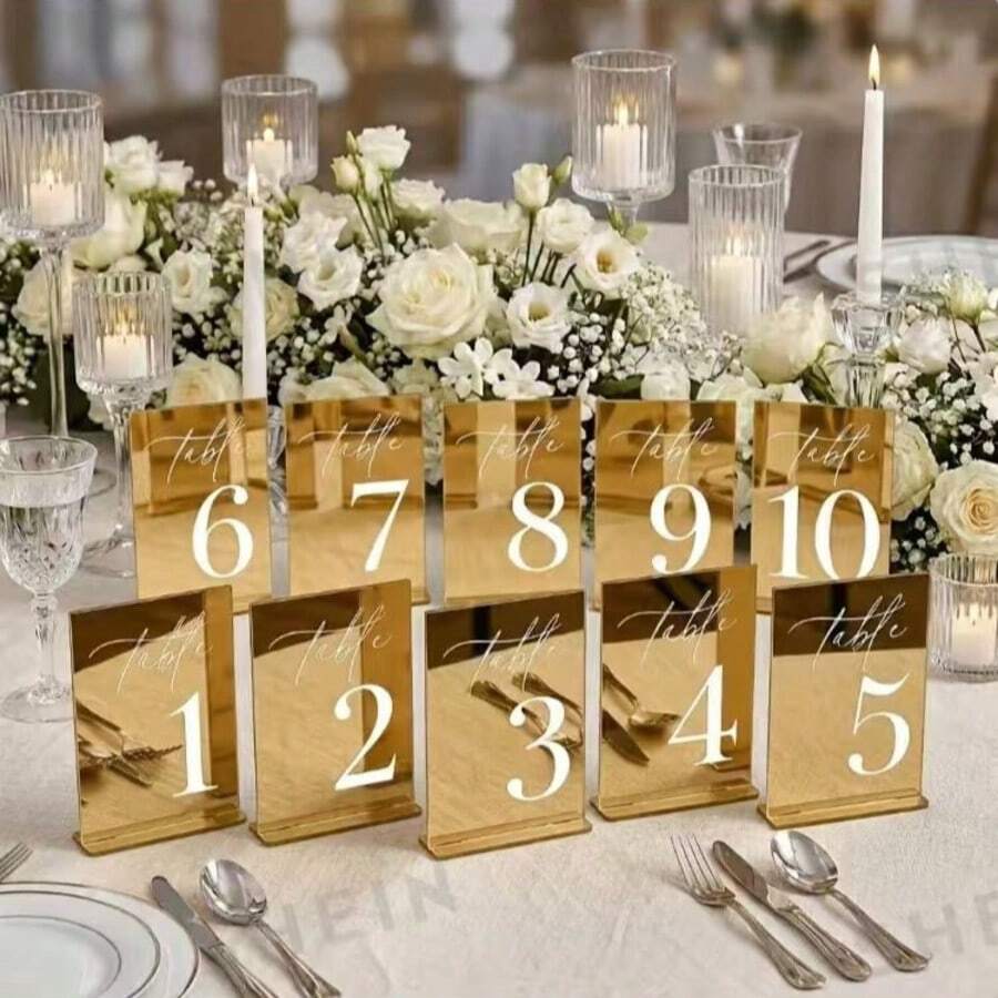 Gold Mirror Acrylic Wedding Table Number Sign 10*15cm Elegant Calligraphy Print Freestanding Table Sign Reusable Easy To Install Personalized Customization Suitable For Wedding Baby Shower Birthday Anniversary Restaurant Graduation Ceremony - Gold - View 1