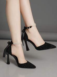 Spring New Fashion Bow Black & Burgundy High Heel Chunky Heel Pointed Toe French Low Vamp Versatile Women's Pumps Suitable For Party & Wedding - Black - View 3
