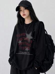 女款時尚秋冬寬鬆百搭圓領休閒字母與星星印花長袖T恤 - 黑色 - 查看 2