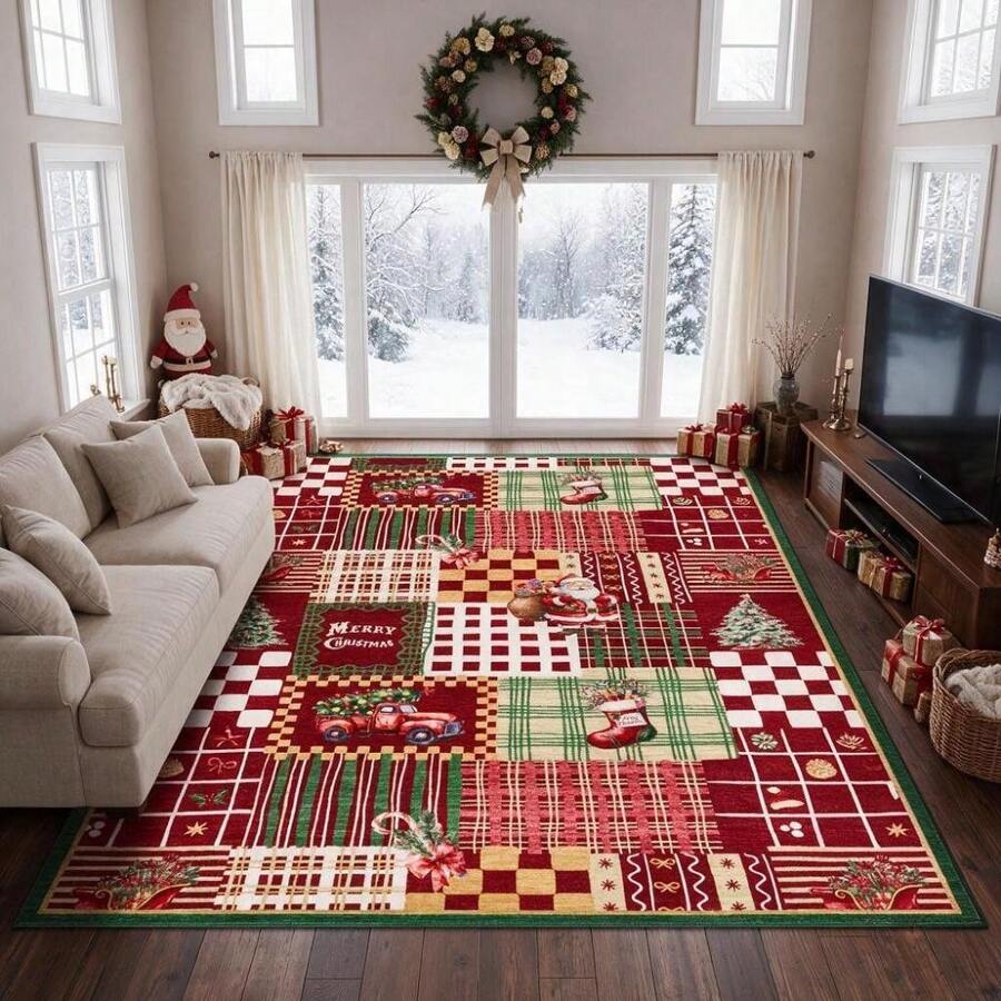 Wanfeeso Vintage Red Christmas Rug With Patchwork Plaid Pattern – Rustic Holiday Area Rug For Living Room, Entryway & Farmhouse Home Decor - Red - View 1
