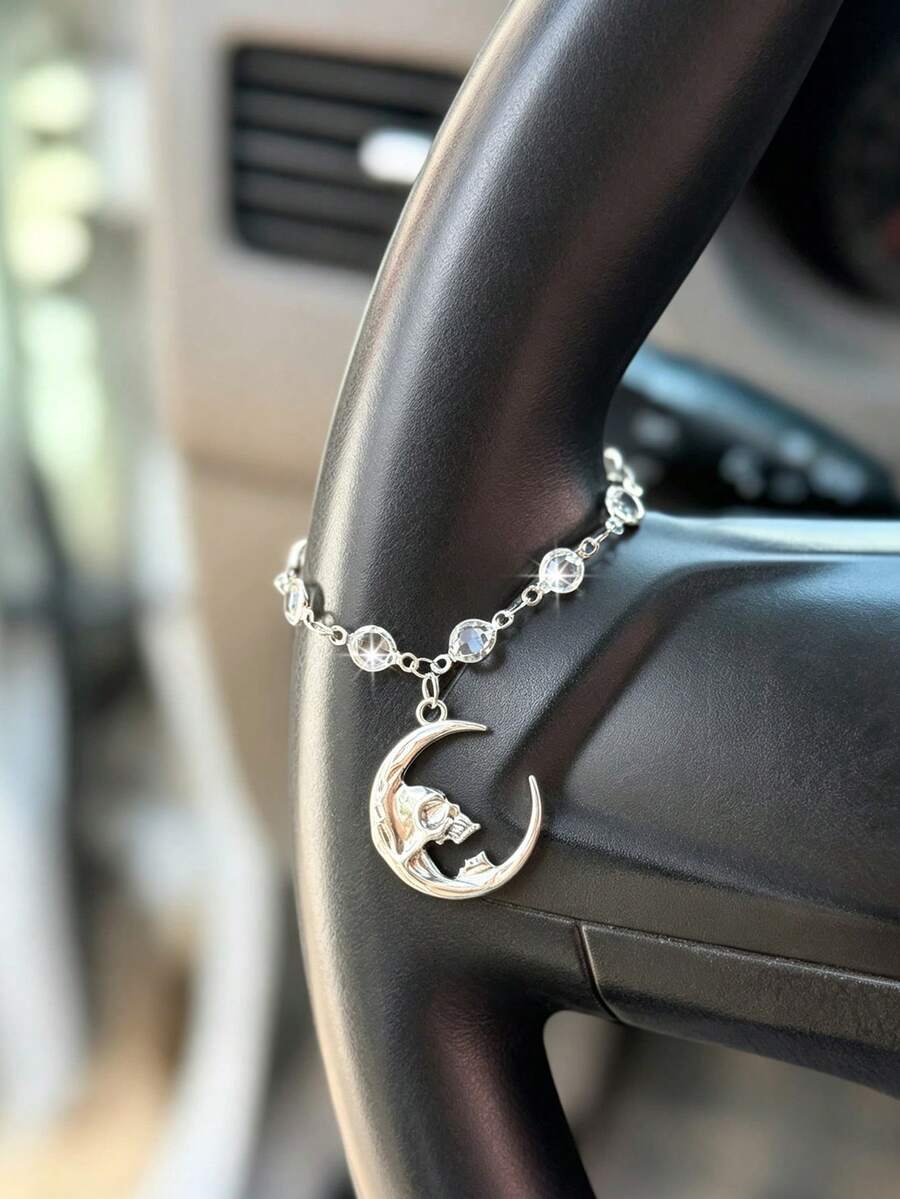 1pc Silver Moon Skull Pendant Crystal Chain Car Steering Wheel Hanging Decoration, Car Interior Decor Accessory, Halloween Car Ornament - A - View 1