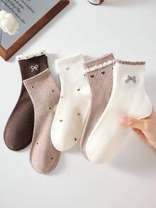 4 Pairs Women's Cute Sweet Breathable Bowknot Heart Polka Dot Cartoon Pattern Short Invisible Boat Socks, Ankle Socks, Ruffle Socks, White Socks, Sports Socks, Student Socks, Maillard Style, Suitable For Daily Casual Wear, Random Color, Suitable For Spring Summer Autumn Winter All Seasons - Multicolor - View 2