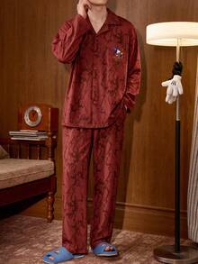 Gongdie Disney 2pcs  Christmas Men's Couple Pajama Set, Autumn Red Soft Pure Cotton Loungewear With Pockets - Red - View 11