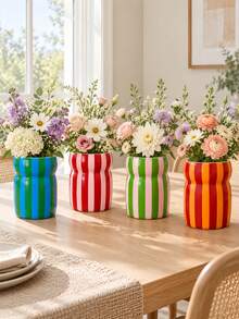 1pc Waist-Cinching Vertical Stripe Flower Pot, Dopamine Style Clash Color Decoration Vase, Colorful Stripe Vase, Suitable For Living Room Desktop, Shelf And Home Decoration - A - View 3