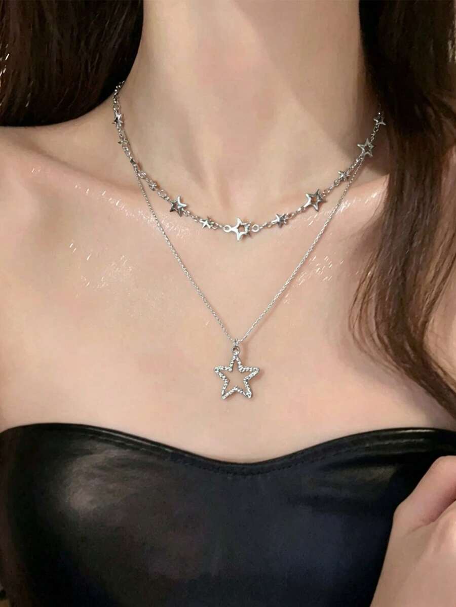 韓系小眾Ins風女款鏤空星星項鍊,甜酷雙層五角星鎖骨鍊飾品 - 銀色 - 查看 1