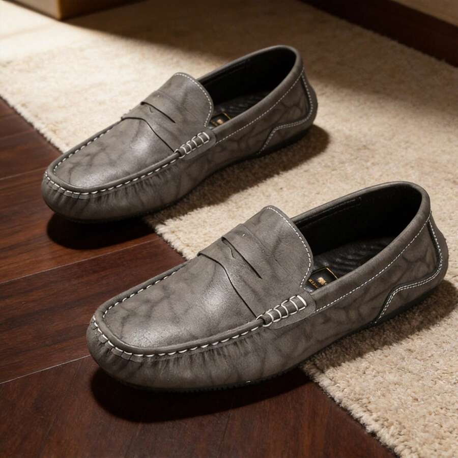 Men's Vintage Fashion Distressed Versatile Loafers, Contrast Stitching Soft Sole Comfortable Flat Shoes, Casual Commute Driving Dating Moccasins - Grey - View 1