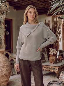 NiceArt Women's Autumn/Winter Vintage Asymmetrical Collar Knit Sweater, Metal Button Long Sleeve Pullover, Autumn Outfit, Party, Halloween - Khaki - View 9