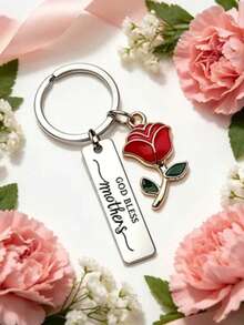 1pc/6pcs/15pcs/24pcs Long Strip Keychain, God Bless Mother Quote, Red Rose Oil Drop Pendant, Gratitude Gift For Mom - Silver - View 5