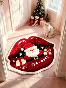1pc Santa Claus Holding Gifts Red Lips Shaped Rug, Christmas, Decorative Rug, Bedroom Decor, Small Rug, Rug, Home Decor, Living Room Rug, Living Room Small Rug, Bedroom Rug, Living Room Home Decor, Outdoor Rug, Washable Rug - Multicolor - View 2