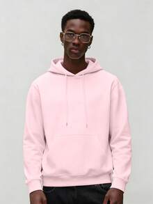 Men's Letter Print Long Sleeve Pocket Drawstring Hoodie Sweatshirt, Casual For Autumn/Winter - Pink - View 2