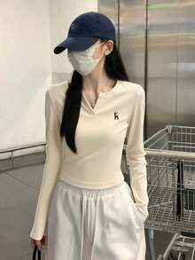 秋冬韓式半開領修身簡約刺繡百搭長袖女款打底上衣 - 杏色 - 查看 3