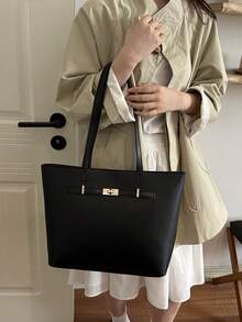 Casual Handheld Underarm Tote Bag, Solid Color, Cross-Border 2026, Large Capacity PU, Women's Fashion Minimalist Shoulder Bag - Black - View 4