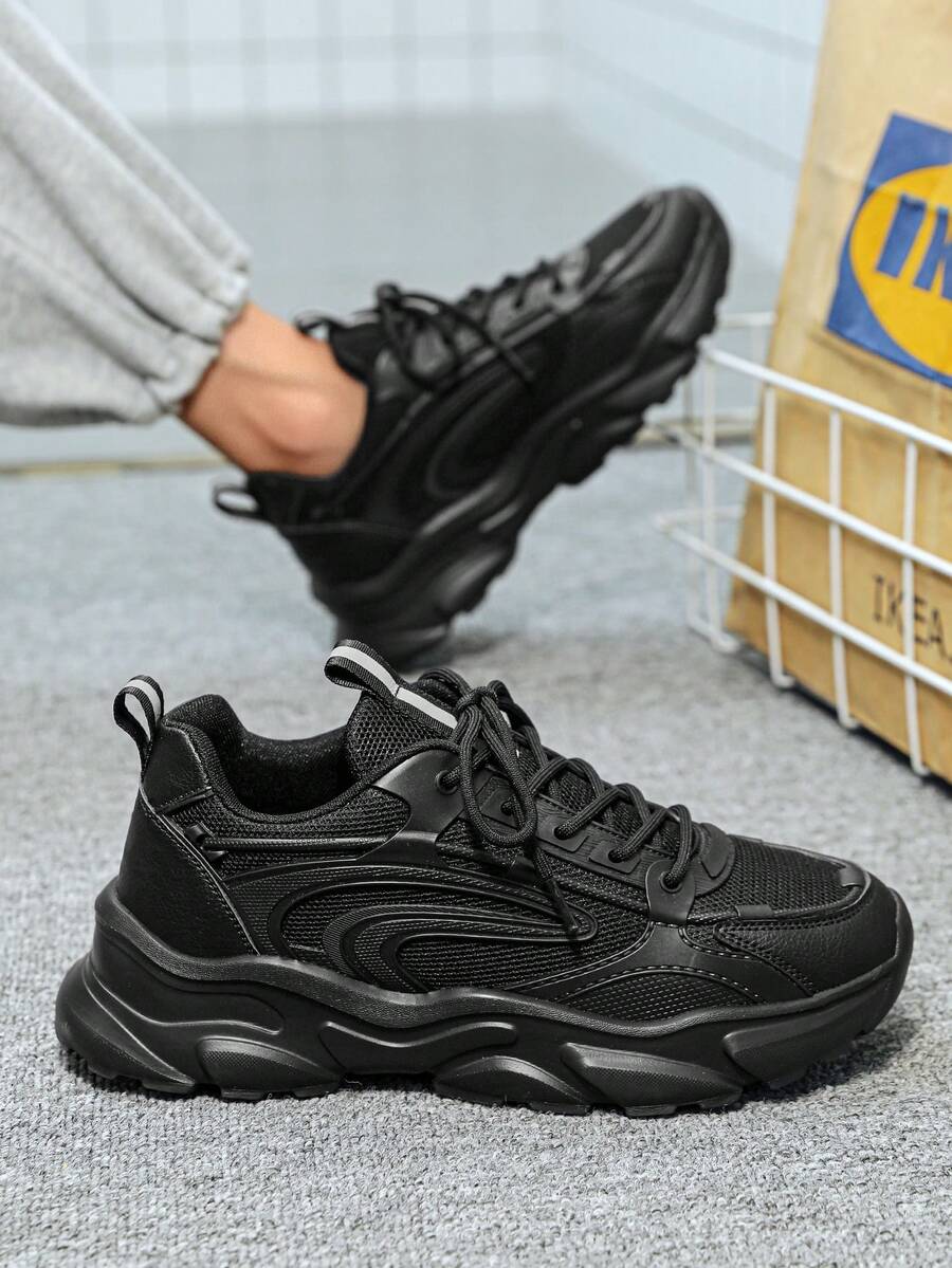 New Men's Pure Black Techwear Chunky Sneakers, Mesh Patchwork Breathable Thick Sole Height-Increasing Outdoor Commute Casual Sports Sneakers