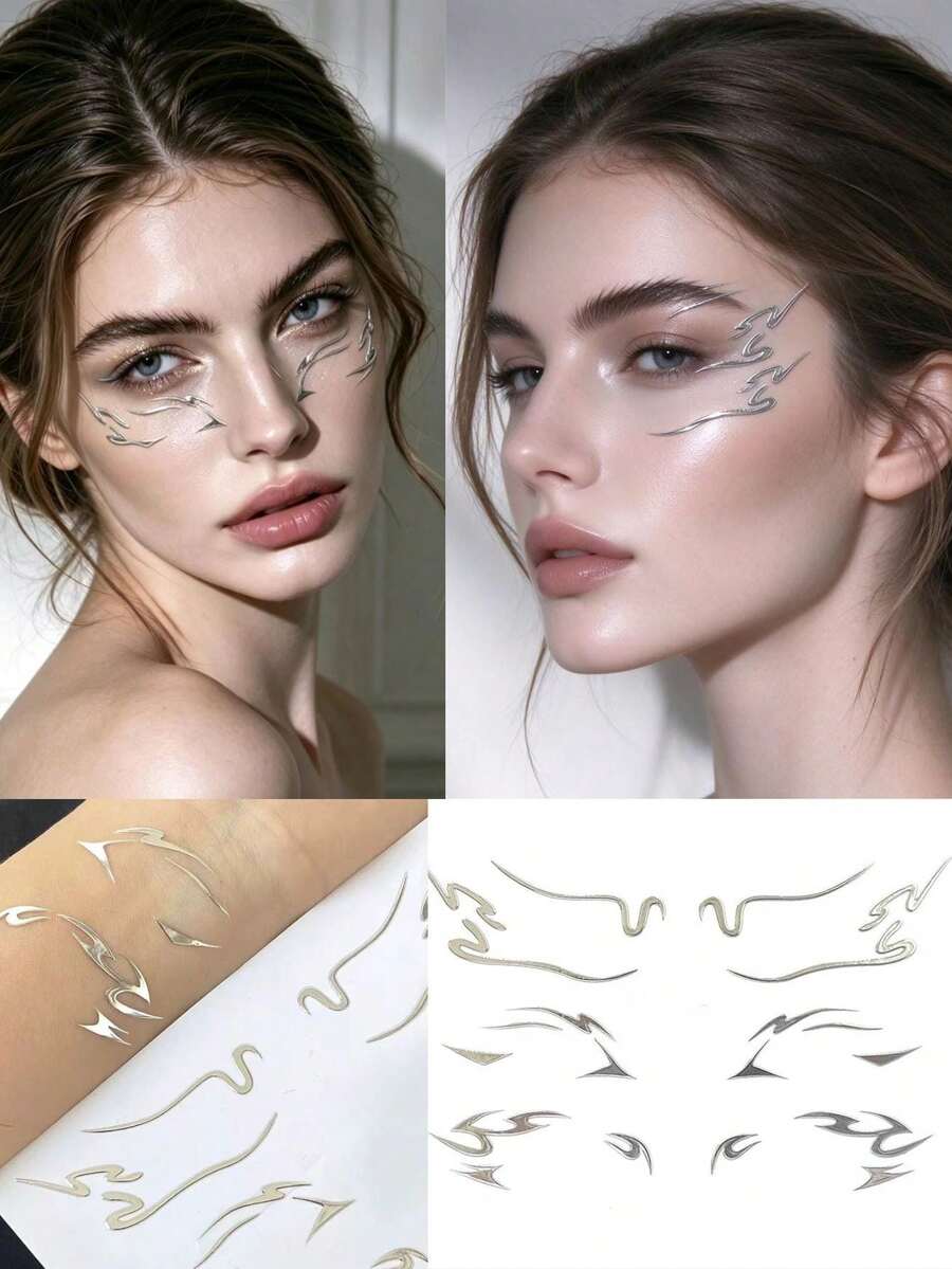 1pc Futuristic Metallic Silver Textured Face Decoration Sticker, Flame Wave Flowing Line Decal, Artistic Cold Style Facial Embellishment, Self-Adhesive Glue-Free Music Festival Stage Photography Cool Makeup Decor - Multicolor - View 1