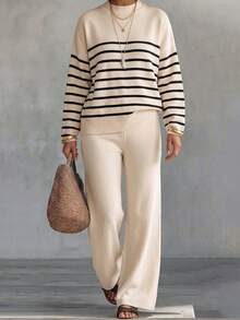 Women's Striped Round Neck Long Sleeve Knit Sweater And Wide Leg Pants Set, Casual 2 Pieces Loungewear For Autumn, Winter And Spring - Apricot Stripes - View 9