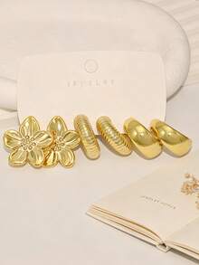 6/18pcs Gold Flower Earrings Set, Textured Water Drop C-Shaped Hoop Earrings, Metallic Mixed Layering Style, Women's Daily Party Fashion Jewelry Gift - Gold - View 6