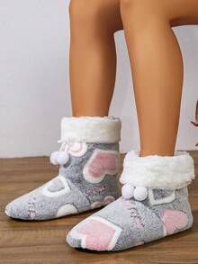 2026 All-Season Women's Indoor Slippers, Heart Pattern With Ball Decoration, Warm Lining Casual House Shoes - Grey - View 3