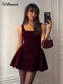 VIBEWAVE Wine Red Square Neck WideStrap Mini Dress A-Line Flare Slim Fit Retro Evening Gown,Women Christmas Party Date Prom Dress Autumn Winter - Burgundy - View 1
