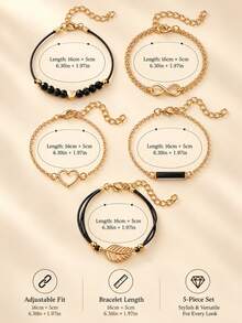 5pcs Women's Gold Bracelet Set, Heart, Infinity Symbol, Leaf & Black Bead Layered Design, Adjustable Fashion Jewelry - Gold - View 5