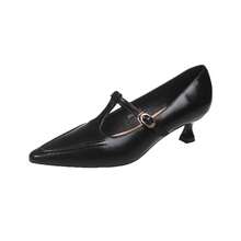 Giày cao gót Mary Jane quai chữ T phong cách vintage Pháp, da bóng, gót mảnh, kiểu ngách - màu đen - Xem 5