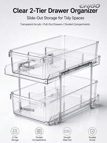 CHIGO Kệ lưu trữ ngăn kéo 2 tầng, thân hộp acrylic trong suốt với khung kim loại chắc chắn, 2 ngăn kéo kéo ra + vách ngăn tháo rời, lắp đặt không cần khoan, đặt trực tiếp để sử dụng. Tận dụng hiệu quả không gian theo chiều dọc, giải quyết sự bừa bộn trong tủ và trên mặt bàn, phù hợp cho nhà bếp, phòng tắm, bàn trang điểm và nhiều nơi khác, sắp xếp gọn gàng và dễ dàng truy cập - Màu trong suốt - Xem 7