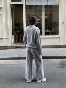 NOVELLE Women Elegant Light Grey Long Sleeve Top & Loose Wide‑Leg Pants Knit Two‑Piece Set Fall Winter Outfit For Date Party Daily Commute Home Wear - Grey - View 5