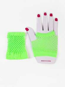 1 Pair Short Black Fishnet Gloves - Short Green - View 2