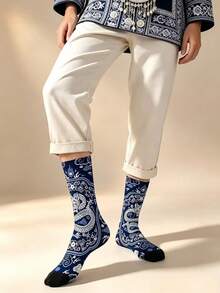 1 Pair New Chinese Style Blue And White Dragon Pattern 360 Digital Print Mid-Calf Socks. Vintage Socks. Unisex Wear, Unique Gift Choice. Autumn Socks - Multicolor - View 3
