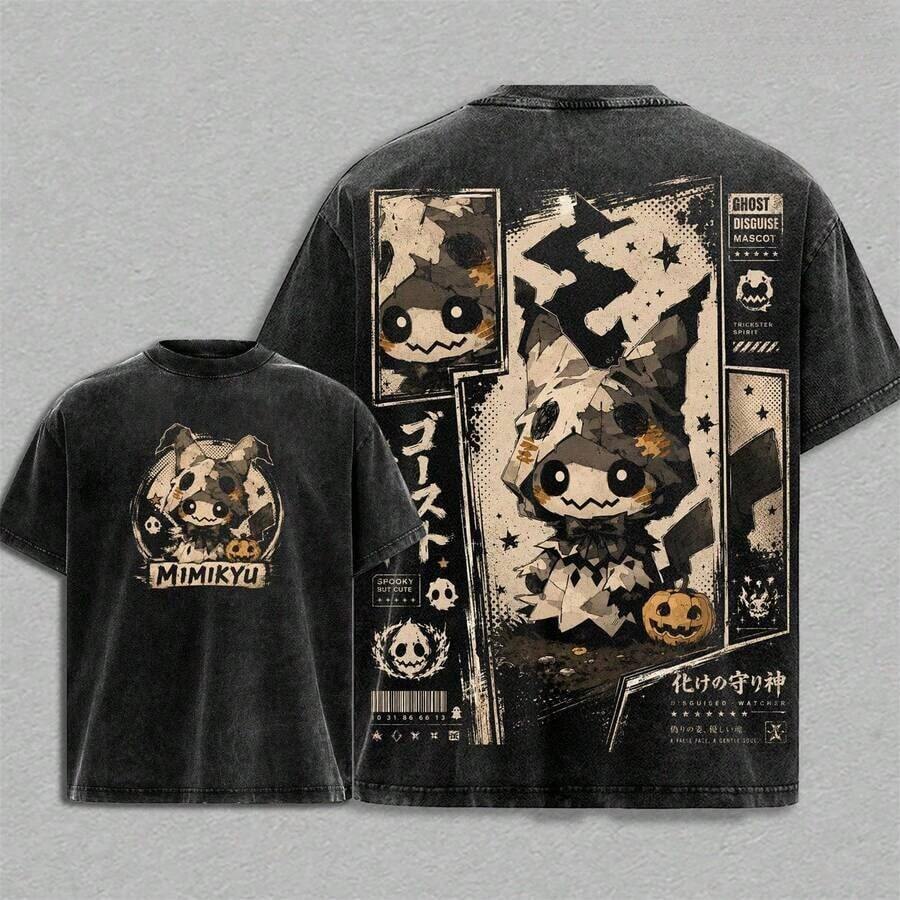 Camiseta gráfica retro unisex de estilo callejero con estampado de doble cara de personaje de anime P-Okemon Mimikyu fantasma de calabaza de Halloween, con efecto vintage lavado. - Negro - Ver 1
