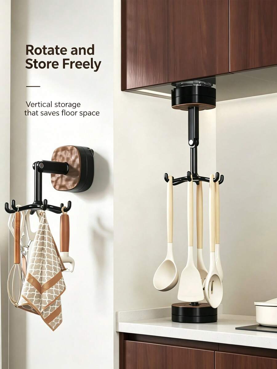 Suction Cup Rotating Hook, Drill-Free Installation, Can Be Hung Under Cabinet, Storage For Pots, Spatulas, Soup Ladles, Kitchen Utensils, Towels. Drill-Free Design Doesn't Damage Wall Or Cabinet, 360° Rotatable, Strong Adhesion And Load Bearing, Suitable For Kitchen And Bathroom, Utilize Vertical Space, Simple And Versatile, Applicable For Home And Rental Living. - Multicolor - View 1