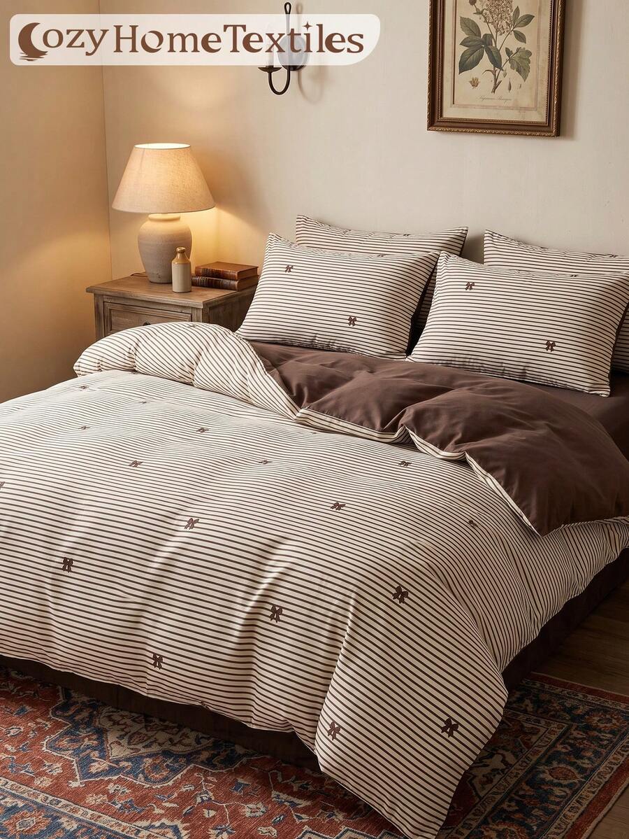 2/3pcs Brown Bow Pattern Duvet Cover Set, Bedding Set, Comfortable & Breathable, Anti-Pilling, Machine Washable, Room Decor, Bedroom Decor, Dorm, All Season, Suitable For Twin/Full/Queen/King Bed, Autumn Home Decor, Duvet Insert Not Included