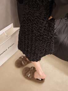 Autumn/Winter Atmosphere Rhinestone Bow Decor Faux Mink Fur Flat Low Vamp Soft Style Women's Home Slippers - Brown - View 4