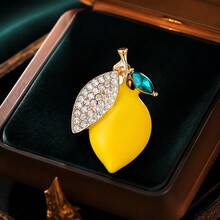 Vintage Rhinestone Inlaid Lemon Fruit Brooch Pin, Gold‑Tone Enamel Statement Accessory For Daily Outfit Clothing Decoration - Yellow - View 3