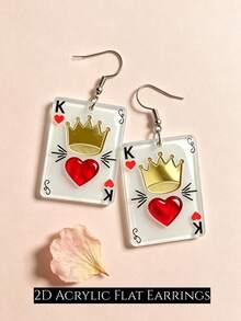 2D Flat Heart K Poker Card Dangle Earrings, Gold Crown Red Heart Acrylic Pendant Earrings, Creative Personalized Poker Card Jewelry, Valentine's Day Gift - King Of Hearts - View 2