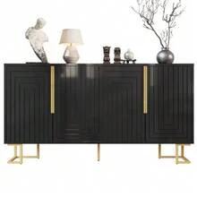 The Black Sideboard (152 X 40 X 75 Cm) Features A Unique Geometric Design Along With Gold Handles And Legs For A Touch Of Elegance - Black - View 1