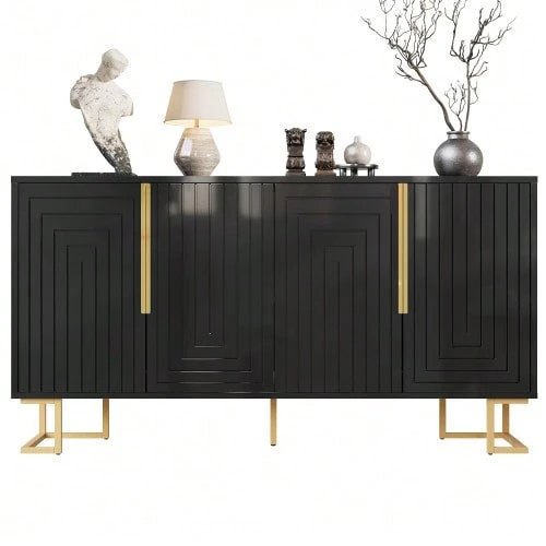 The Black Sideboard (152 X 40 X 75 Cm) Features A Unique Geometric Design Along With Gold Handles And Legs For A Touch Of Elegance - Black - View 1
