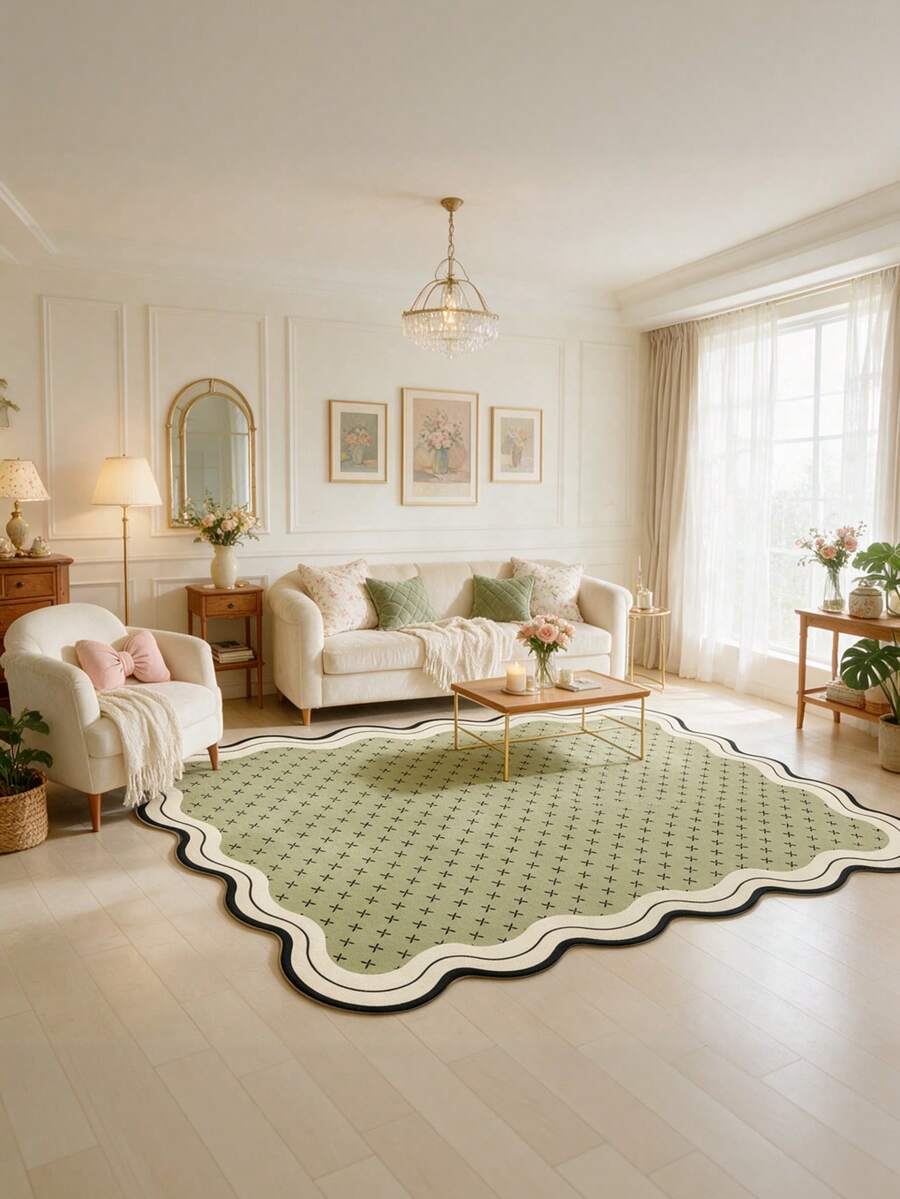 1PC Olive Green Black Dot Cross-Pattern Modern Vintage Geometric Area Rug, Minimalist Artistic Style Faux Cashmere Asymmetrical Wavy Edge Rectangular Black Border With Full-Coverage Cross-Dot Details, Machine Washable, Suitable For Living Room, Bedroom, Balcony, All-Season Home Decor - Multicolor - View 1