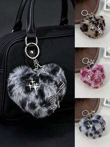 1pc Sweet & Cool Girl Style Heart Plush Bag Charm, Leopard Print Faux Fur Fabric, Starburst Cross Metal Pin Accessory, Daily Commute Outfit Bag & Key Pendant - Multicolor - View 1