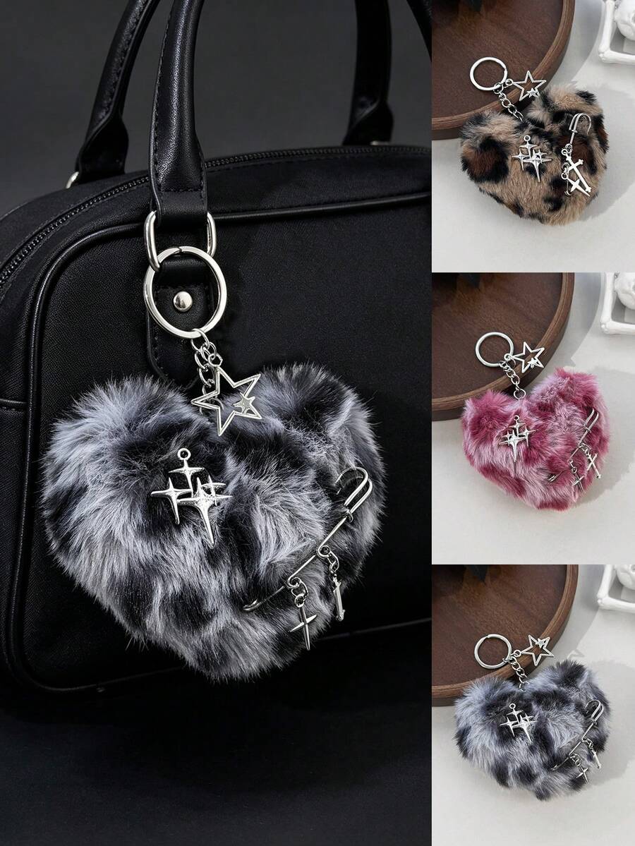 1pc Sweet & Cool Girl Style Heart Plush Bag Charm, Leopard Print Faux Fur Fabric, Starburst Cross Metal Pin Accessory, Daily Commute Outfit Bag & Key Pendant - Multicolor - View 1