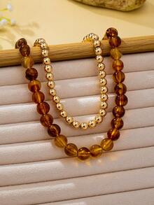 OABE 2pcs/Set Bohemian Style Spherical Round Gold And Brown Handmade Beaded Necklace Layering Design Suitable For Women Daily Wear, Holiday/Anniversary Surprise Gift - Multicolor - View 6