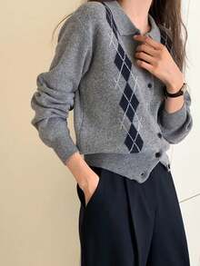 Slouchy Knitted Cardigan Women's College Style Retro Argyle Lapel Single-Breasted Knitted Cardigan Sweater - Grey - View 5