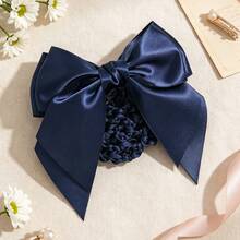 1pc Double Layer Bow Ribbon Mesh Hair Clip, Hair Accessory, Solid Color Bohemian Zinc Alloy, Suitable For All Seasons - Navy Blue - View 4