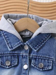 Detachable Hooded Patchwork Denim Jacket, Kids Washed Elastic Hem Cuffed Sleeve Casual Short Denim Coat For Boys And Girls - Royal Blue - View 2